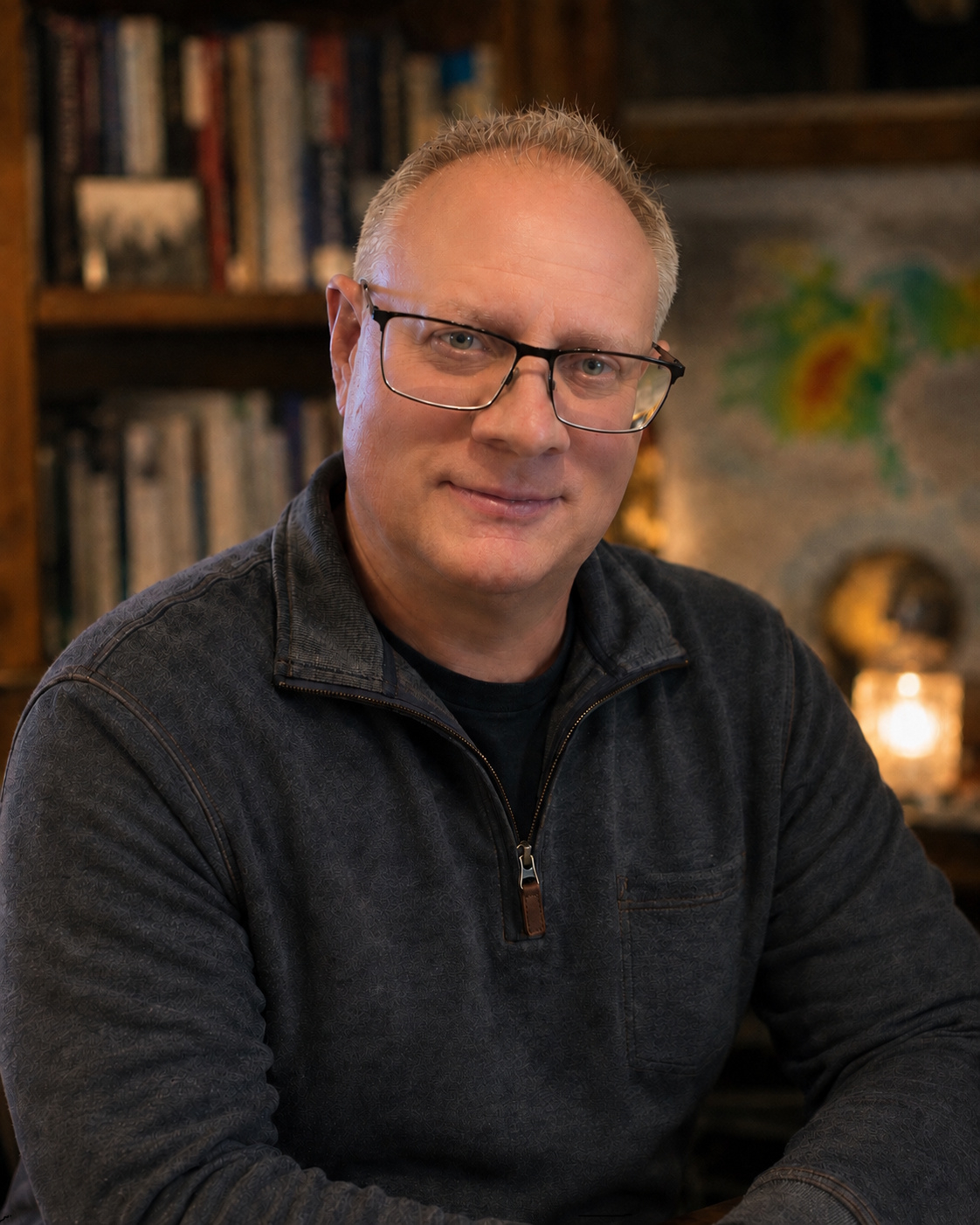 Jerry Shields, author, standing outdoors at golden hour with the coast behind him